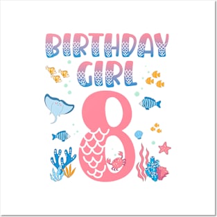 Funny Birthday Girl 8 Years Old It's My 8th Bday Mermaid gift For Kids Girls Posters and Art